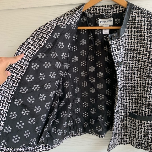 Pendleton Silk Tweed Boucle blazer Lady Jacket lined pockets 12 Leather Trim - Picture 5 of 12